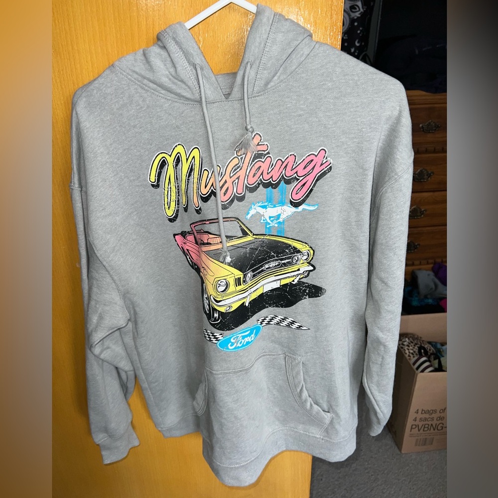 Ford Mustang Gray Hoodie with Yellow, Pink and Blue Graphic